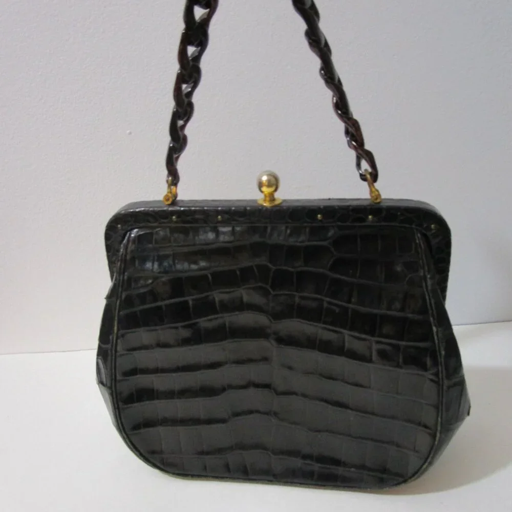 Crocodile Purse Top Handle Frame Vintage 1950s Glossy Black - Picture 4 of 16